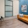 a living room with a couch and a table